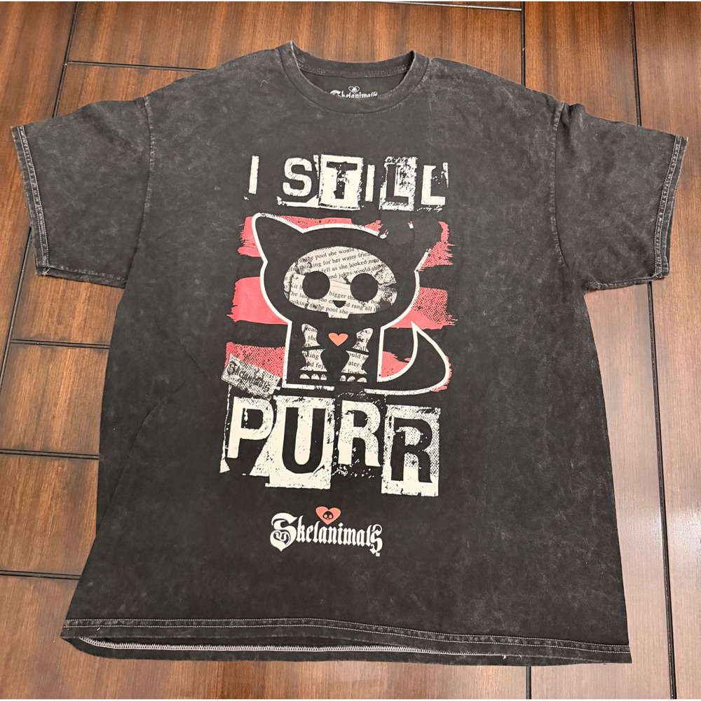 NWOT Skelanimals Kit Cat I Still Purr Graphic Tee Acid Wash Charcoal XL Emo Y2K